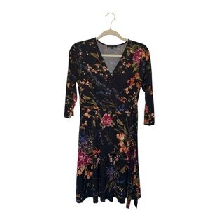 Haily3y:23 Medium Black Multicolor Floral Wrap 3/4 Sleeve Midi Dress Evening